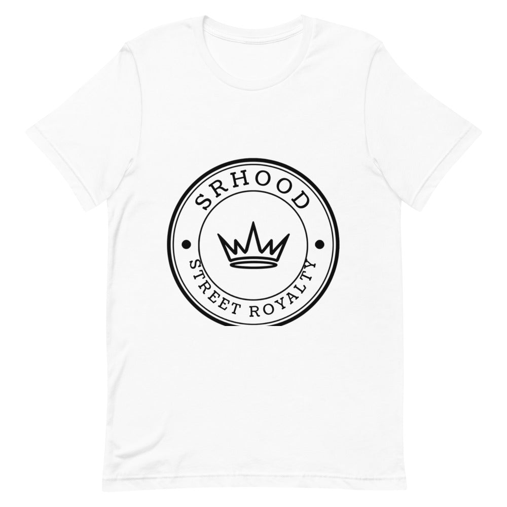 Camiseta blanca Street Royalty Hood con sello circular en tinta negra, vista frontal plana