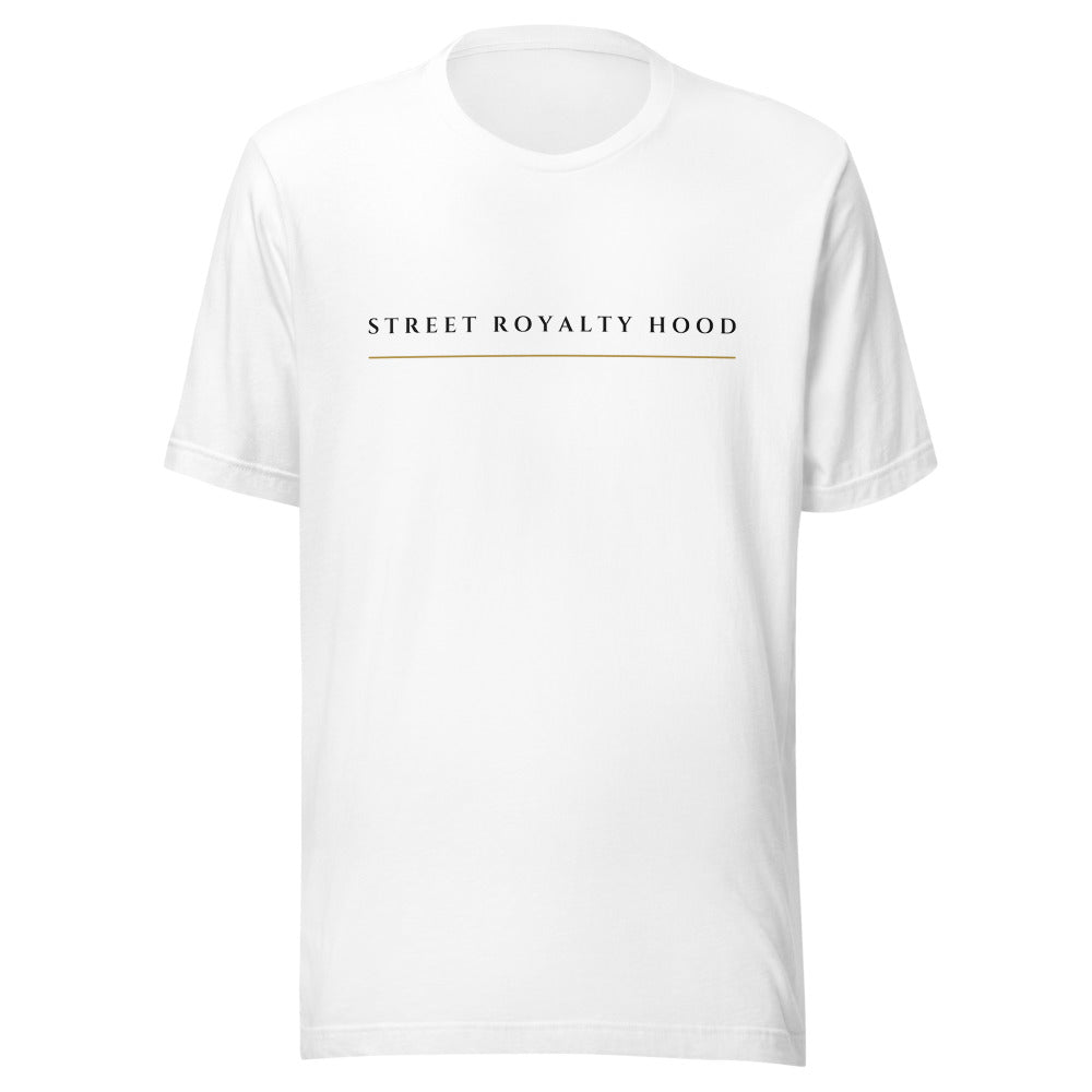 Camiseta blanca Street Royalty con logo Wide Lockup en franja de pecho — vista frontal