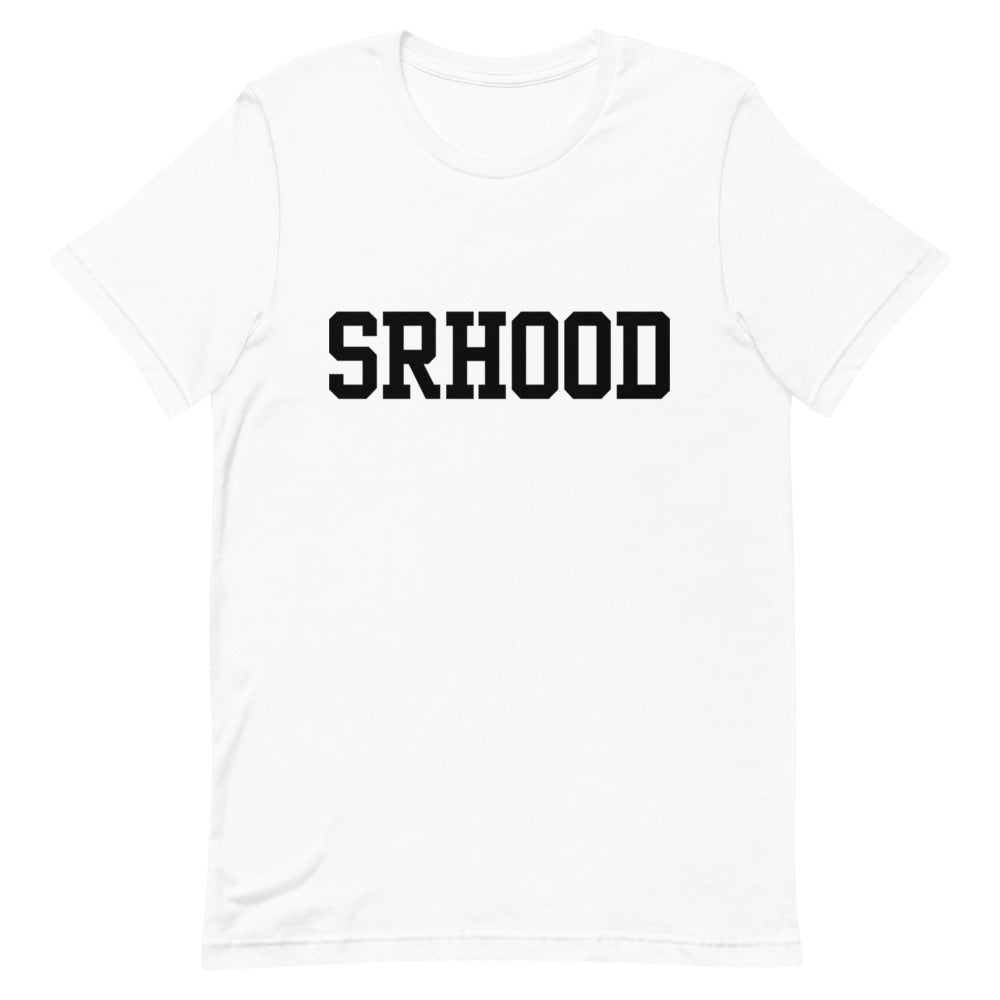 Camiseta blanca Street Royalty Hood con wordmark en tinta negra, vista frontal plana