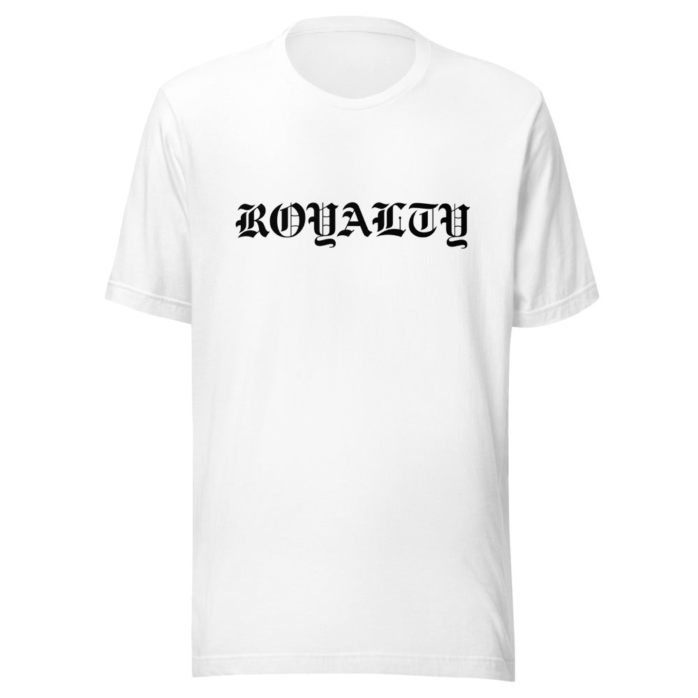 Camiseta blanca Street Royalty Hood con lettering blackletter ROYALTY en tinta negra, vista frontal