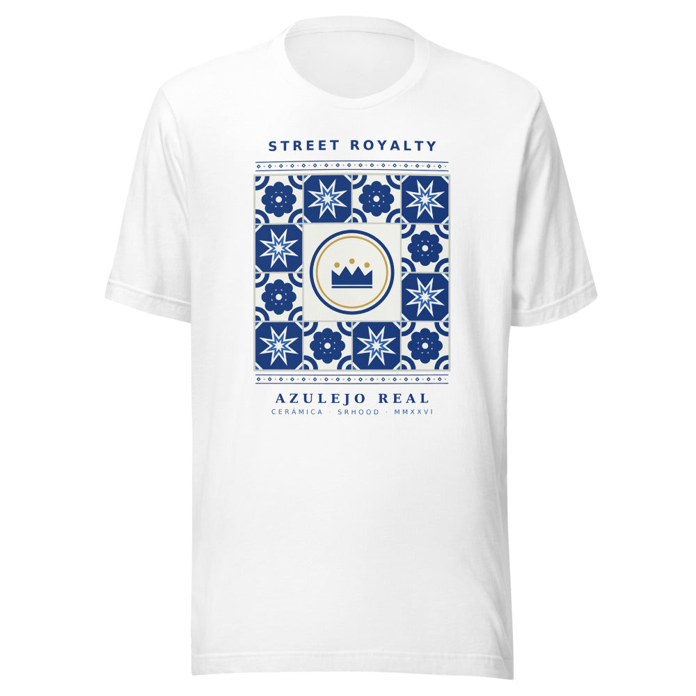 Camiseta Azulejo Real blanca — panel de azulejos cobalto con corona SRHOOD, vista frontal