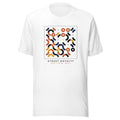 Camiseta Serpentina Modular blanca — panel Bauhaus de serpentinas, vista frontal