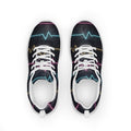 Zapatillas deportivas con líneas de pulso neón cian, magenta y ámbar — vista superior