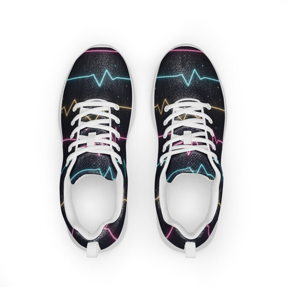 Zapatillas deportivas con líneas de pulso neón cian, magenta y ámbar — vista superior