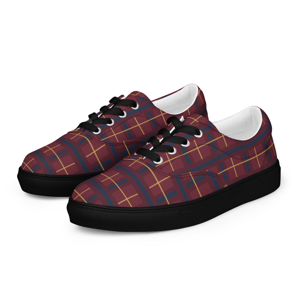 Zapatillas de lona de mujer con tartán burdeos, navy y oro — vista frontal izquierda