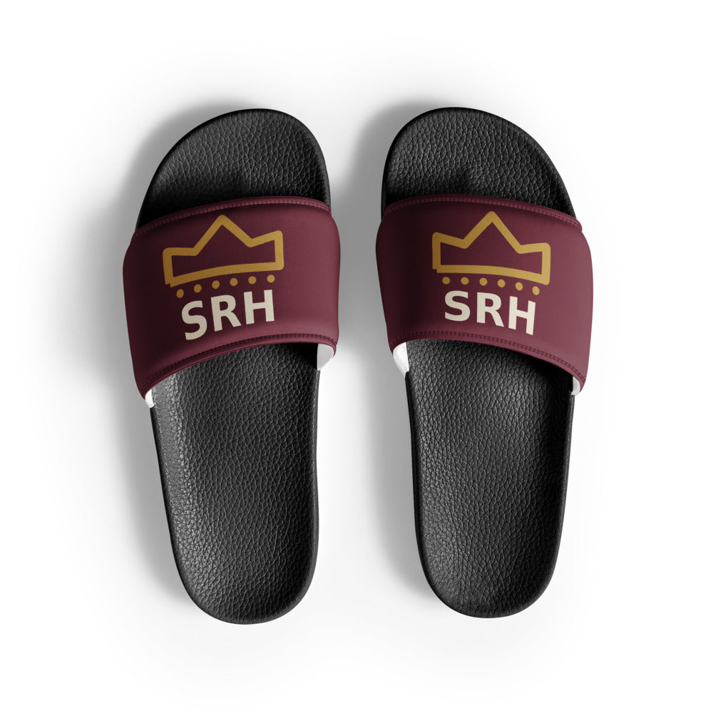 Slides de mujer negros con tira burdeos, corona dorada y siglas SRH — vista superior