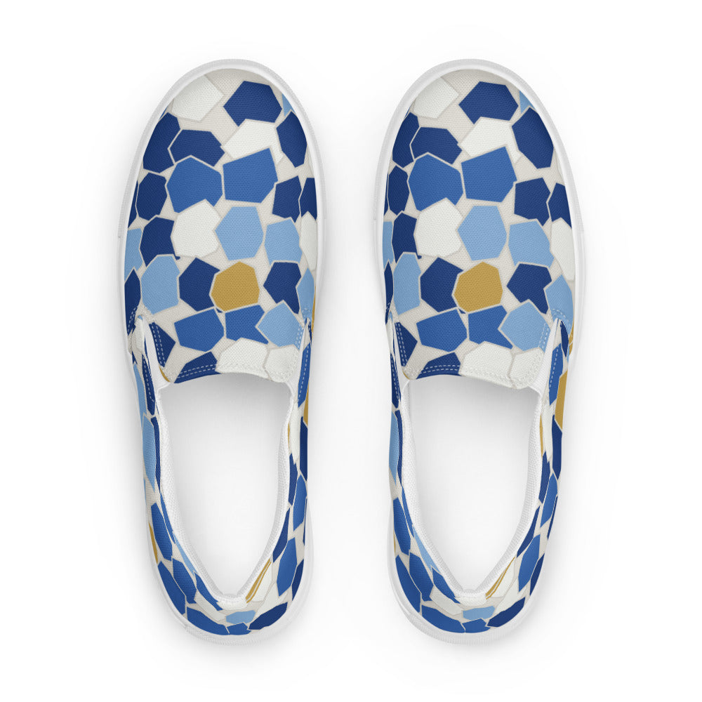 Zapatillas slip-on Trencadís mujer — mosaico cerámico azul y oro, vista superior